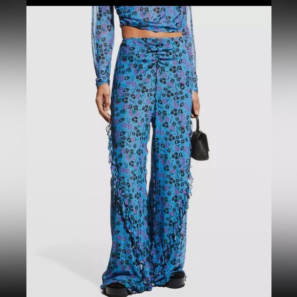 Anna Sui Womens Blue Ruffle Trim Field Flower Pants M Boho Festival Wide Leg - Picture 1 of 11